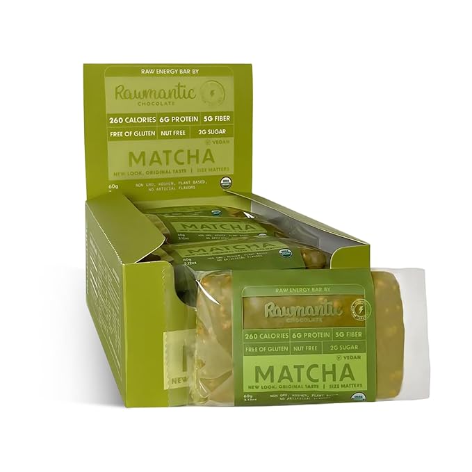 Rawmantic Matcha Protein Bar (12 Mini Bars x 60g) – Ceremonial Grade Matcha Soluble Tapioca Fiber Puffed Quinoa Millet &amp Buckwheat - No Artificial Flavors Plant-Based Non-GMO &amp Kosher
