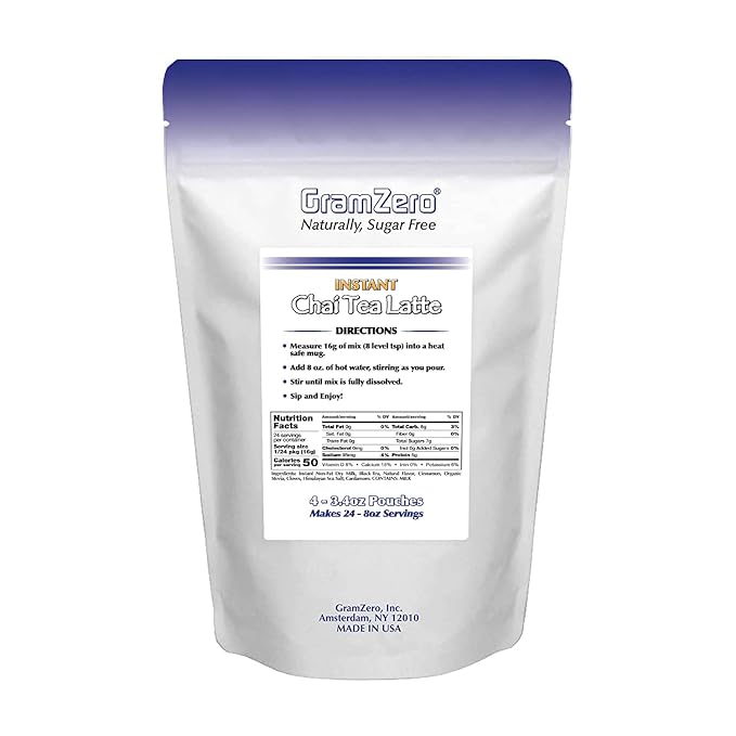 Gramzero Premium Chai Latte Powder Mix | Best Chai Drink Mix | No Sugar Added | Kosher | Stevia Sweetened | 4-3.4 oz Pouches (24 Total Servings) | Each Packet Makes 8fl Oz Rich and Delicious Instant C