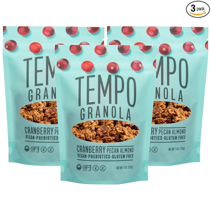 Tempo Granola Cranberry Pecan Almond Loose Granola - 3 Pack of 11 oz Bags - Nutrient-Rich Gluten Free Vegan Oats High Protein Low Sugar Vegan Dairy Free Soy Free Vitamin E Prebiotics For Opt