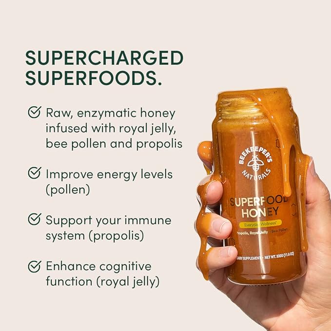 Superfood Honey by Beekeeper's Naturals - Bee Pollen Royal Jelly Propolis Honey - Natural Energy Immune Support Mental Clarity Athletic Performance (11.6 oz)