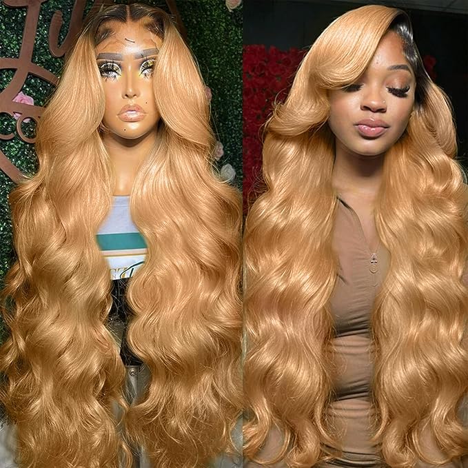250% density 13x6 Honey Blonde Lace Front Wigs Human Hair 13x6 Body Wave Lace Front Wig Human Hair Wigs for Women Ombre HD Transparent Lace Frontal Wig Pre Plucked with BabyHair 30 Inch