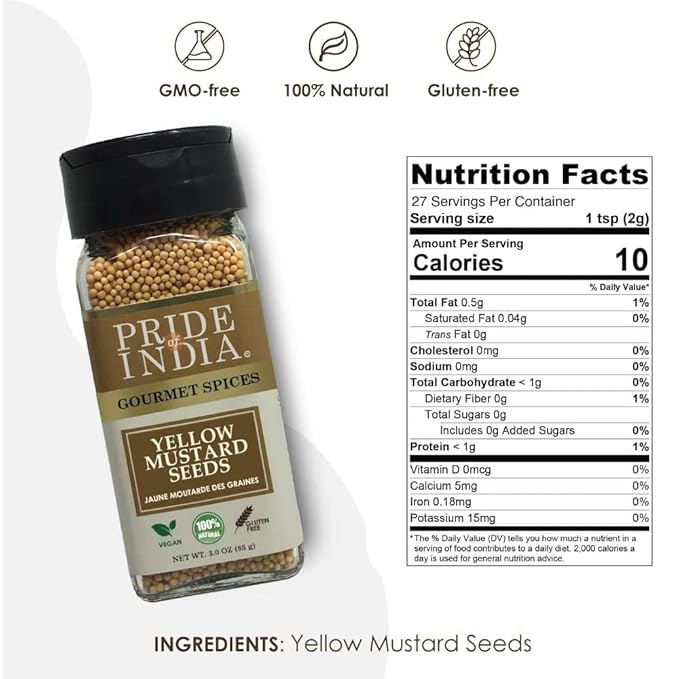 Pride of India - PACK of 6 - Yellow Mustard Seed Whole – Pungent &amp Aromatic – Gourmet Indian Spice – Add in Salads/Dressings/Chicken/Meat/Pickles – Easy to Use – 2.8 oz. Small Dual Sifter Bottle