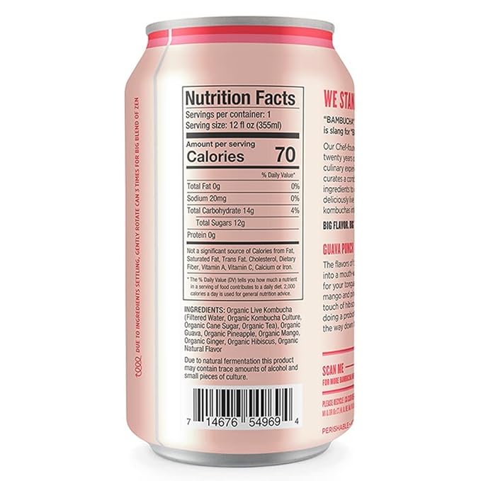 Bambucha Kombucha Guava Punch 12 Pack Case | Chef Crafted Flavor 100% Raw Kombucha Tea Drink | Organic Vegan Gluten Free Non GMO Probiotic (12 Fl Oz Cans)