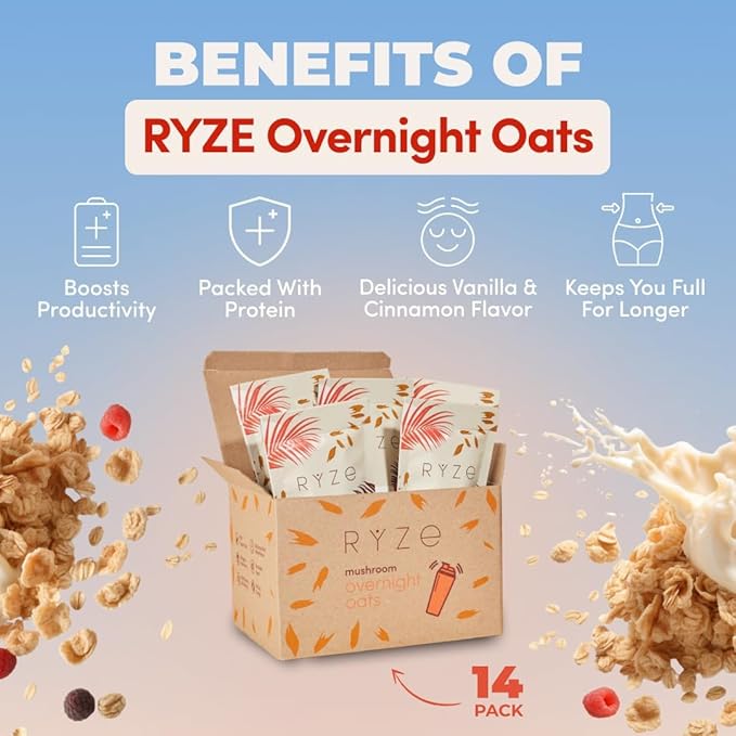 RYZE SUPERFOODS Mushroom Protein Overnight Oats Oatmeal with 6 Adaptogenic Mushrooms and 20g Grass-Fed Whey Protein &amp Chia Seeds Lions Mane Turkey Tail Shiitake Reishi Healthy Breakfast 7 s