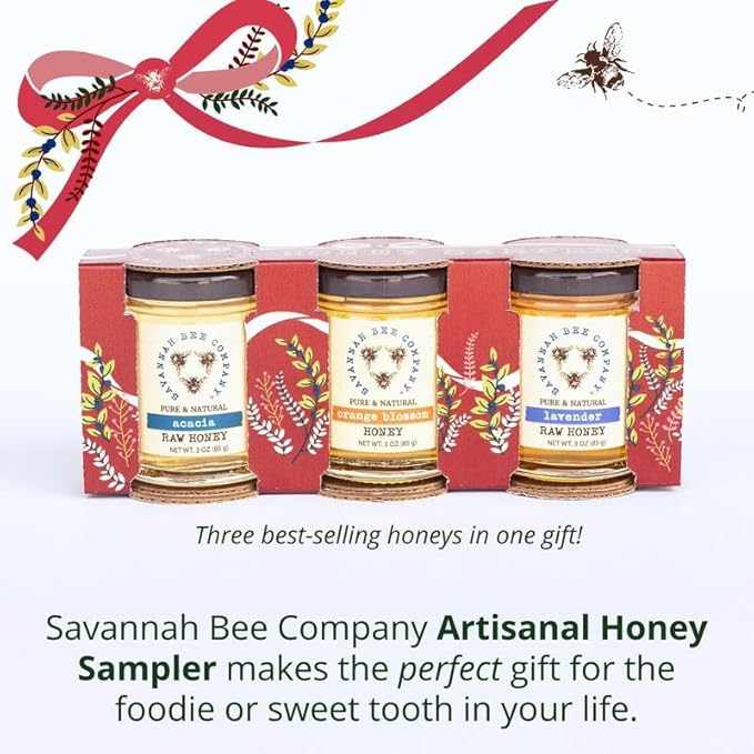 Savannah Bee Company Holiday Artisanal Honey Sampler - Premium Acacia Orange Blossom and Lavender Varietals - Perfect Gourmet Gift Set
