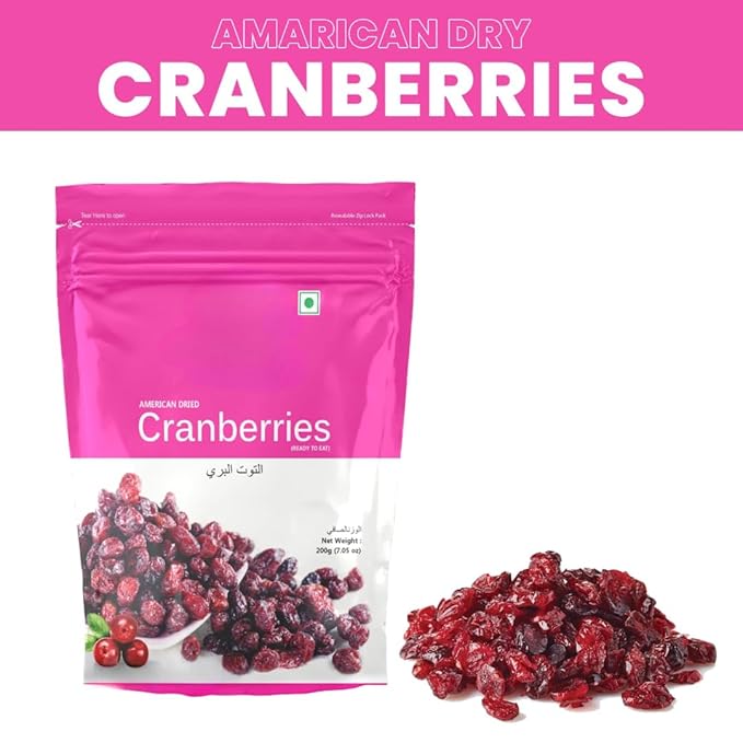 Generic Dried Cranberries Gluten Free Antioxidants Vitamin &amp Dietary Fiber Rich Pack of Unsulfured Ready to Eat Dry Cranberries - 200g