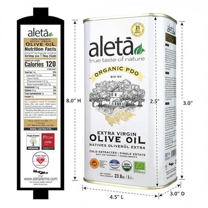 Aleta Organic and Ellora Farms Certified Single Estate PDO Extra Virgin Olive Oil Crete Greece 1 Ltr. (33.8 oz) Each Tin Combo Pack
