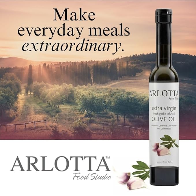 500ml Organic Garlic Infused Extra Virgin Olive Oil Cold Pressed | California EVOO Kosher by Arlotta Food Studio | Savory Cooking Oil for Pasta Vegetables Bread Dipping Marinades | USA Made