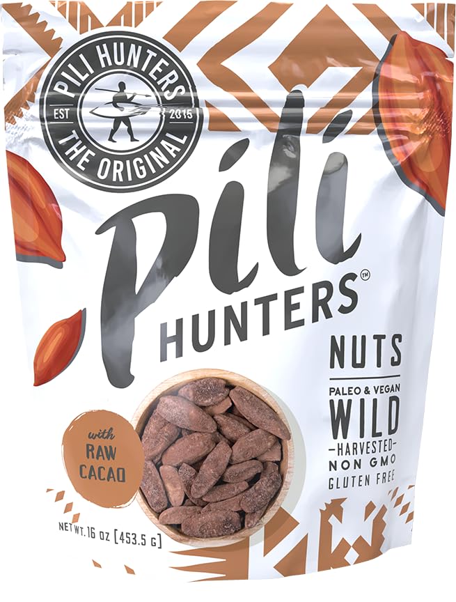 Pili Hunters Wild Sprouted Pili Nuts - Raw Cacao &amp Organic Coconut Sugar - Paleo &amp Vegan Keto Snack for Low Carb Energy - Gluten &amp Dairy Free Superfood - Non-GMO - As Seen on Shark Tank -