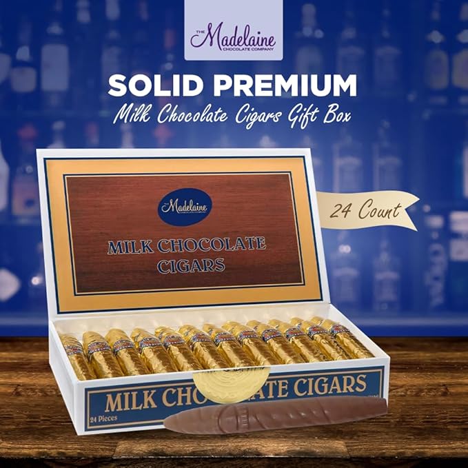 Madelaine Solid Premium Milk Chocolate Cigar Gift Box - Made with Fresh Milk Cocoa Bean &amp Swiss-Formulated Chocolate - Ideal for Father's Day - 24 Count Individually Wrapped in an Elegant Hard Bo