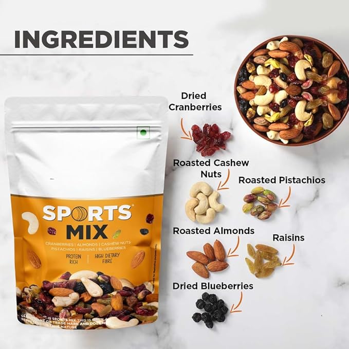 Generic Premium Sports Roasted Almonds Cashews Pistachios Dried Blueberries Cranberries and Raisins | Resealable Pouch -350 gm