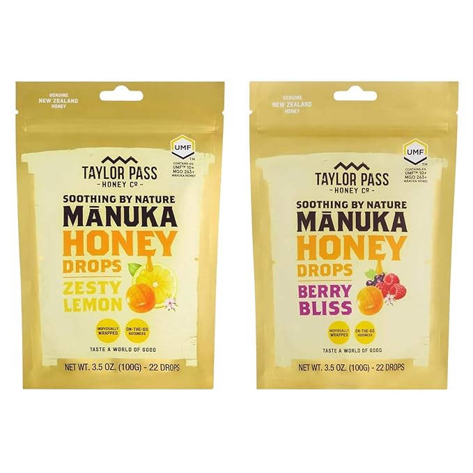Taylor Pass Mānuka Honey Drops Bundle UMF™ 10+ Zesty Lemon &amp Berry Bliss Lozenges | Natural Soothing On-The-Go | 2 Packs 22 Drops Each | Made in New Zealand