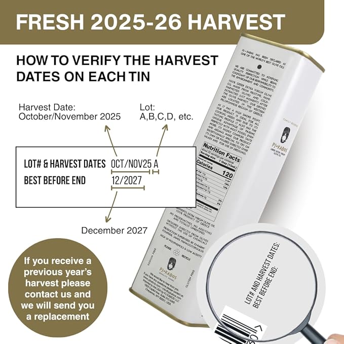 P.J. KABOS Fresh 2025/26 Harvest High Phenolic (400+mg/kg) Natural Greek Extra Virgin Olive Oil Kosher Greece Cold Extracted 16.9 oz Tin Koroneiki Family Reserve -Medium (6-Pack)