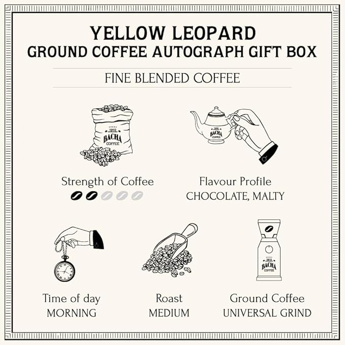 Bacha Coffee | Yellow Leopard Fine Blended Ground Beans Medium Roast 100% Arabica Specialty Coffee 250g Autograph Collection Gift Box