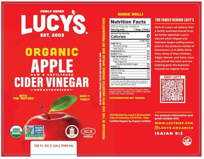 Lucy's Family Owned - USDA Organic NonGMO Raw Apple Cider Vinegar Unfiltered Unpasteurized With the Mother (2 Pack Gallon)
