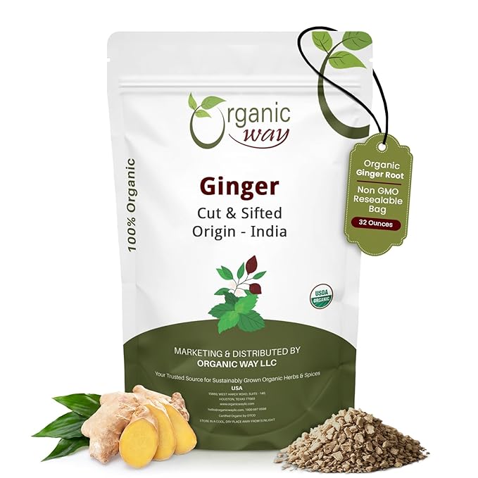 Organic Way Dried Ginger Root Cut &amp Sifted (Zingiber officinale) - Herbal Tea | Kosher &amp USDA Certified | Vegan Non-GMO &amp Gluten Free | 100% Raw from India (2LBS - 32Oz.)