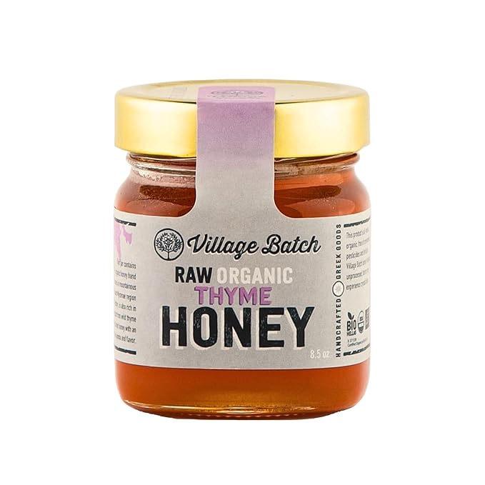 Village Batch Raw Organic Thyme Honey 8.5oz (Pack of 1) Jar from Mycenae Unheated and Unpasteurized Greek-Honey Light Amber Rich Flavor and Intense Floral Aroma
