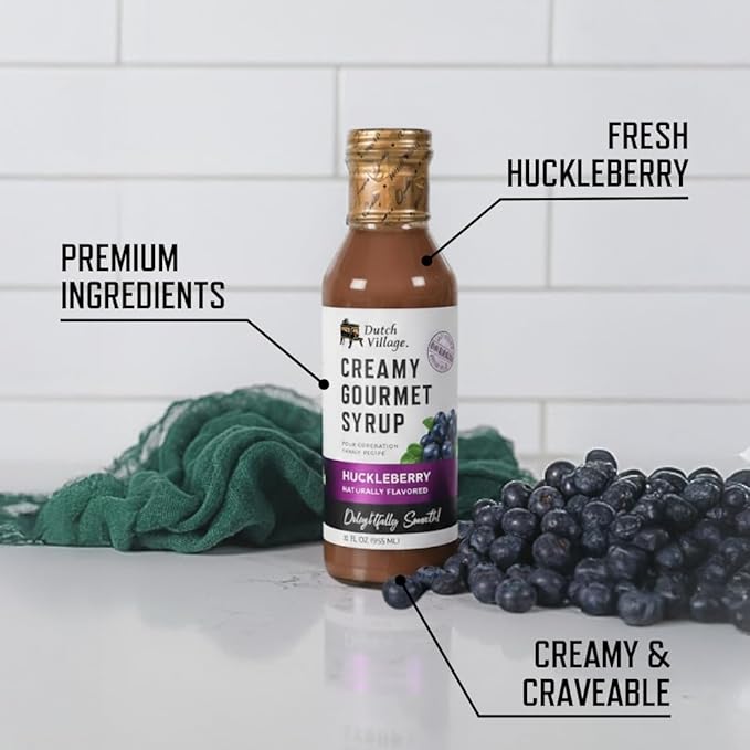Creamy Gourmet Breakfast &amp Dessert Syrup | Organic Ingredients - Clean Label | No Preservatives Artificial Flavors or Corn Syrup | Gluten-Free | Dutch Village Huckleberry 12 fl oz -2 PK