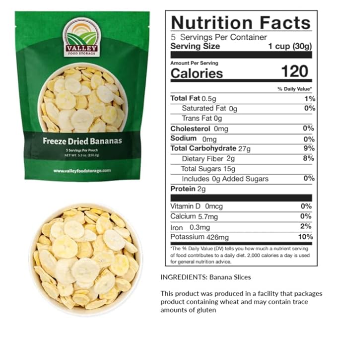 Valley Food Storage Freeze Dried Banana Slices | 10-Bag Bucket 53 oz | Non-GMO Premium Emergency Food Supply 25 Year Shelf Life | Prepper Supplies Survival Food &amp Off-Grid Living | Packaged in