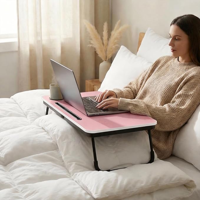 BUYIFY Foldable Laptop Bed Desk for Couch Sofa - Large Lap Desk Tray Table with Cup Holder and Tablet Slot - Portable Notebook Stand for Eating Writing Studying and WFH (Pink)