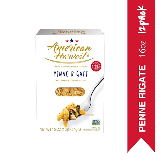 AMERICAN HARVEST Penne Rigate Enriched Durum Wheat 16 oz (12 Pack) | Made in America Non-GMO Fast-Cook Pantry Staple | 100 Years of Pasta-Making Expertise