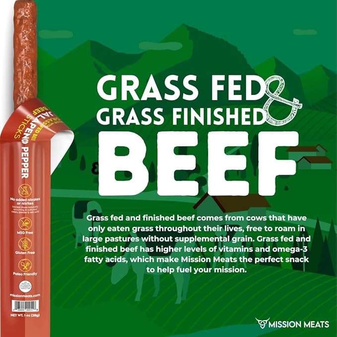 Mission Meats Beef Sticks – 100% Grass Fed &amp Pasture Raised Zero Sugar Gluten Free Meat Sticks Individually Wrapped Healthy Snacks Whole 30 &amp Paleo Friendly Jalapeno 1oz (Pack of 72)