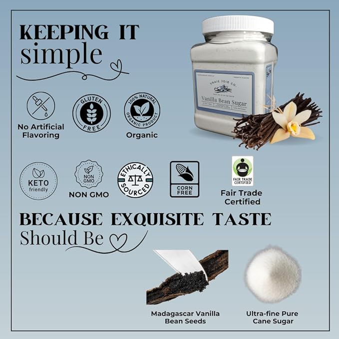1.8 lbs Organic Madagascar Vanilla Ultra-fine Sugar | For Chefs Home Cooking Ice Cream Cocktails Cakes Crème Brulee &amp Dessert Making | non-GMO All-natural | 1 Pack 27 Oz