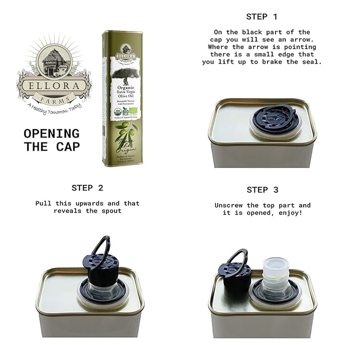 Ellora Farms Organic Extra Virgin Greek Olive Oil High in Phenols Cold Press Traceable Kosher 17 oz. tin Pack of 4