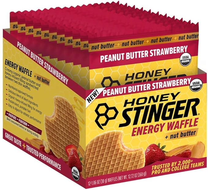 Honey Stinger Organic Peanut Butter &amp Strawberry Waffle Snacks - USDA Organic Kosher Certified Gluten-Free Energy-Boosting Wafers with Honey No Artificial Flavors or Preservatives Pack of 12