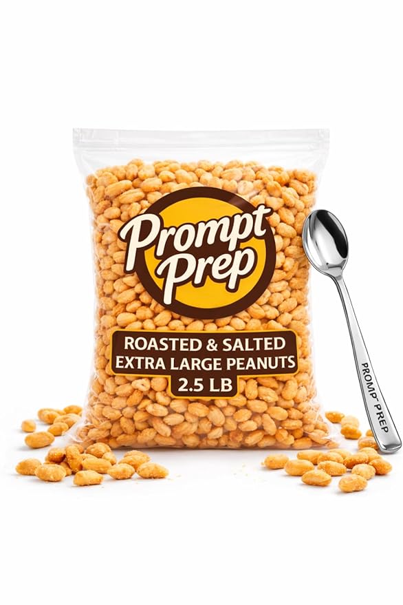 Prompt Prep Roasted and Salted Extra Large Shelled Peanuts with Branded Spoon Extra Large Crunchy Freshly Roasted Snack 2.5 LB