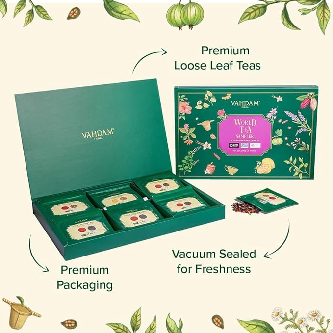 VAHDAM World Top 20 Favourites Tea Sampler Set | Loose Leaf Tea (100+ Cups) | Tea Variety Pack with Green Herbal Black &amp Chai Brew | Vacuum Sealed For Freshness | Brew Hot &amp Cold