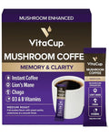 VitaCup Mushroom Coffee Instant Packets for Memory &amp Clarity Support w/Fiber Chaga Lion’s Mane D3 B Vitamins Medium Roast 100% Arabica &amp Robusta Coffee in Single Serve Sticks 24 Ct