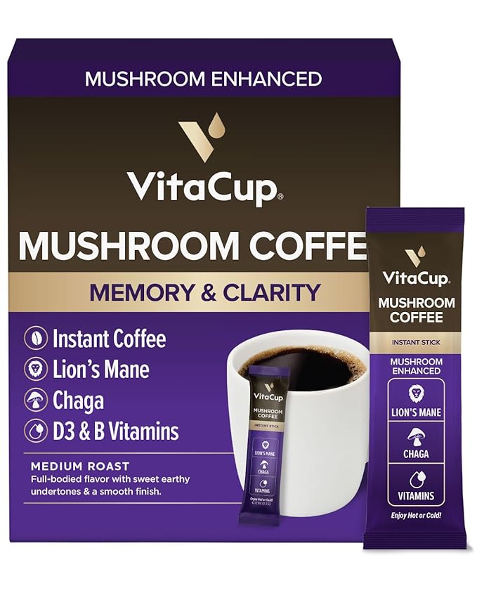 VitaCup Mushroom Coffee Instant Packets for Memory &amp Clarity Support w/Fiber Chaga Lion’s Mane D3 B Vitamins Medium Roast 100% Arabica &amp Robusta Coffee in Single Serve Sticks 24 Ct
