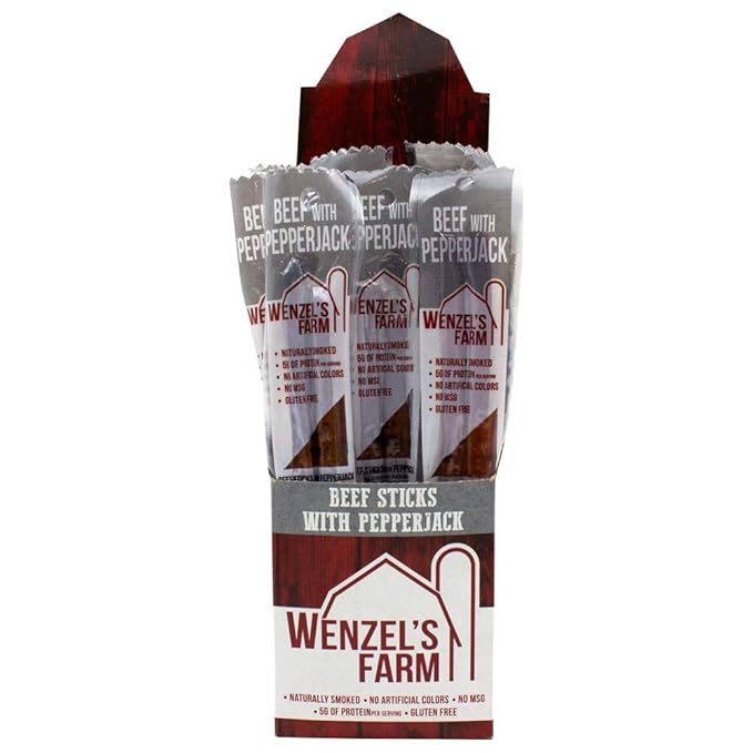 Wenzel’s Farm Beef with Pepperjack Sticks │Snack Sticks │ Flavorful Naturally Smoked │ High Protein Low Carb │ No MSG Fillers Binders Artificial Colors │ Gluten Free | 32 sticks (16 packs of 2)