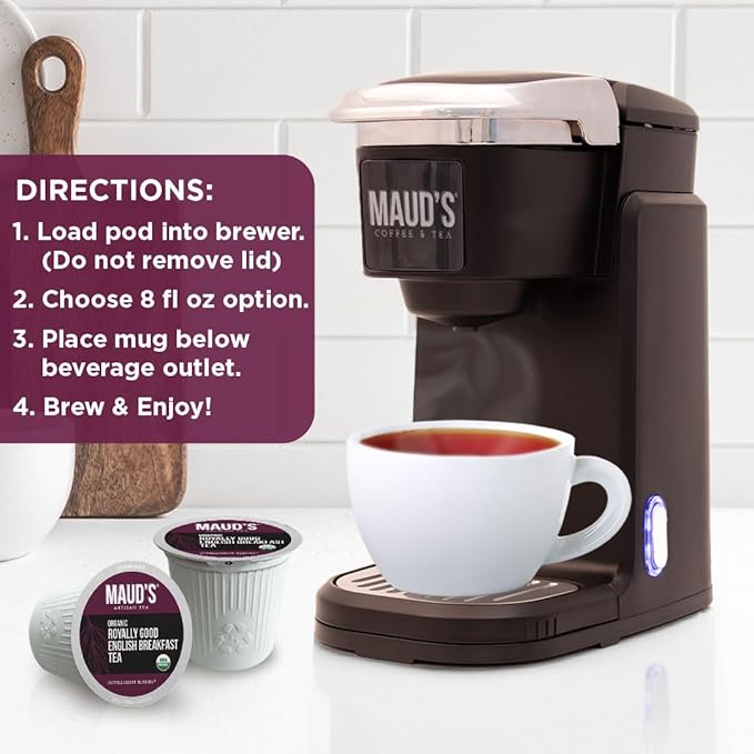 Maud's Organic English Breakfast Black Tea Pods 48 ct Single Serve Pods – 100% Gourmet Blended Tea Leaves Compatible with Keurig K Cups Maker