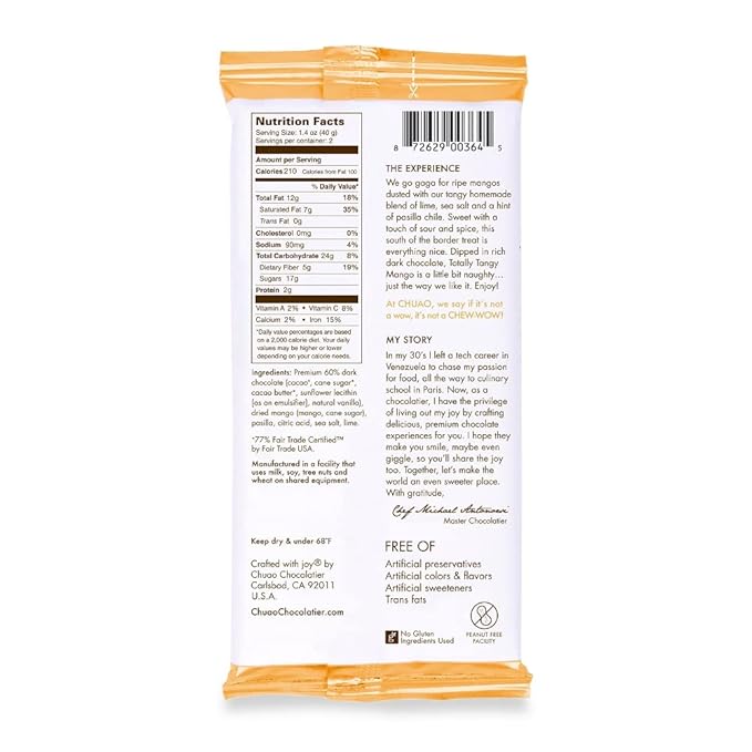 Chuao Chocolatier Totally Tangy Mango Dark Chocolate Gourmet Bars | For Gift Baskets Birthday Thank You Care Package | 12 Ct 2.8 oz Each