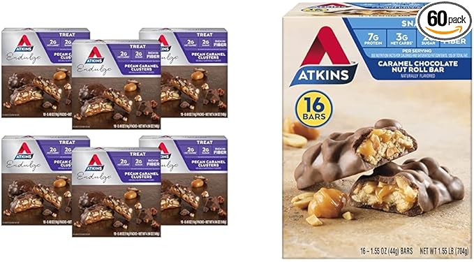 Atkins Pecan Caramel Clusters 60 Count Caramel Chocolate Nut Roll Snack Bar 16 Count