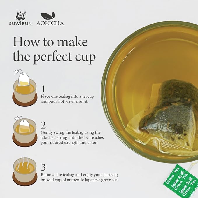 Suwirun Aoki Cha Organic Yabukita Japanese Green Tea 50 Bags – Smooth Umami-Rich &amp Refreshing – Eco-Friendly Unbleached Tea Bags for Hot &amp Cold Brew