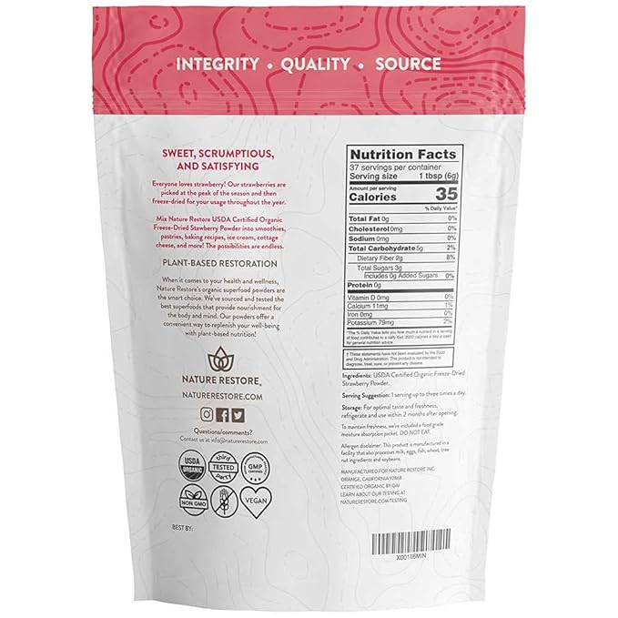 Nature Restore USDA Certified Organic Freeze Dried Strawberry Powder 8 Ounces Non GMO Gluten Free Vegan