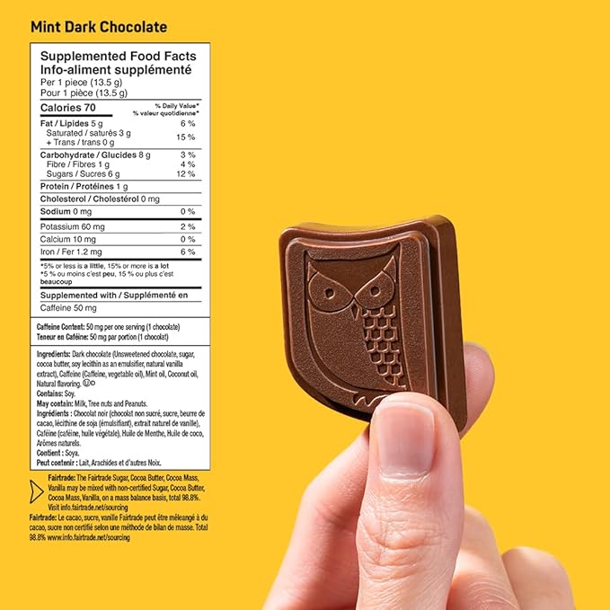 AWAKE - Caffeinated Chocolate Bites - Mint Dark Chocolate 50 Bites - 50mg Caffeine - Individually Wrapped Energy Bites - Coffee Alternative - Fairtrade Gluten Free Non GMO - 0.48oz