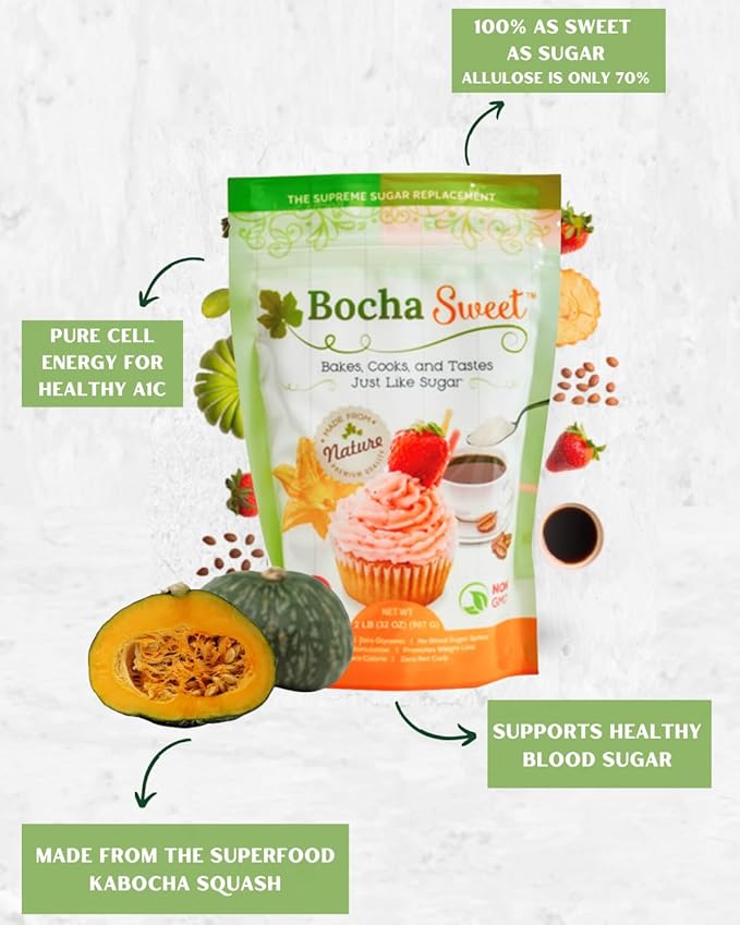BochaSweet Supreme Sugar Replacement 2 LB Low Calorie 1:1 Sugar Substitute Kabocha Extract in Xylitol Structure Diabetic Friendly Gluten Free Non GMO No Bitter Aftertaste Ideal for Baking