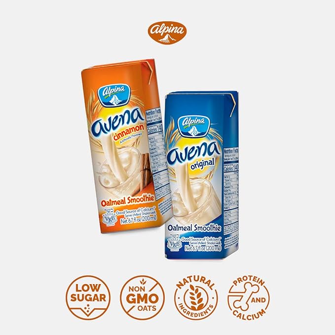 AVENA ALPINA Cinnamon and Original Flavor Bundle Oatmeal Smoothie 24 Pack x 6.7 ounces each (Original + Strawberry) 100% Organic Whole Grain Oats. Low Carbs Non-GMO Oats