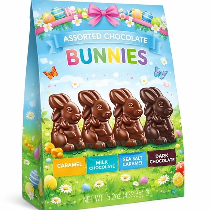 Bunnies Chocolate Molds Assorted Candy 15 Oz Bag Individually Wrapped Bunny Figures - 4 Flavors Milk Chocolate Caramel Sea Salt Dark Treat Easter Egg Hunt Basket Stuffer Party Favor Gift Snack