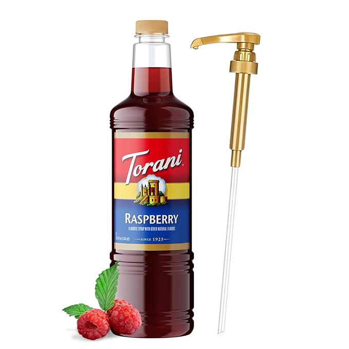 Torani Raspberry Syrup 1 Liter Bottle with Pump – Premium Sweet &amp Tart Berry Flavoring with Pure Cane Sugar for Coffee Lemonade Iced Tea Italian Sodas Cocktails &amp Desserts
