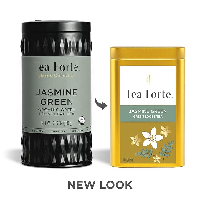Tea Forte Jasmine Green Premium Loose Leaf Caffeinated Green Tea Blend Canister Makes 35-50 Cups