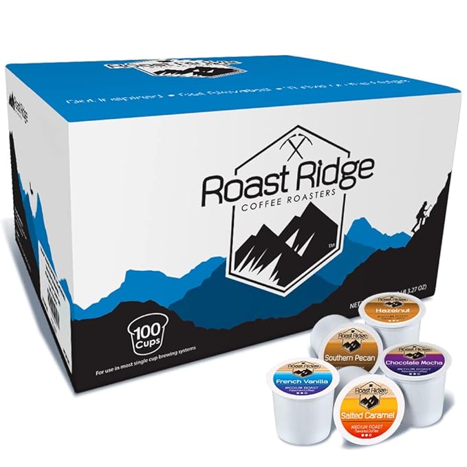 Roast Ridge Single Serve Coffee Pods for Keurig K-Cup Brewers Variety Pack 100 Count (20 each: Salted Caramel Southern Pecan Chocolate Mocha Hazelnut French Vanilla)