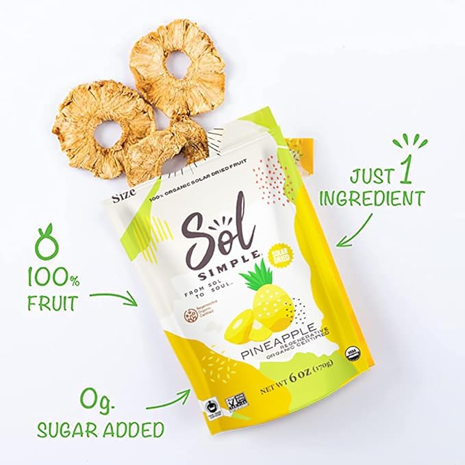 SOL SIMPLE Organic Dried Mango and Pineapple | 6oz Snack Pack | Vegan | Non-GMO | No Added Sugar | Fair Trade | Dried Fruit