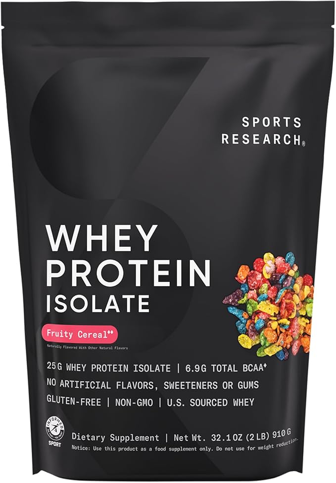 Sports Research® 100% Whey Protein Isolate Fruity Cereal - U.S. Sourced Protein Powder w/BCAAs - No Artificial Flavors or Gums- Informed Sport Tested · Gluten Free - 2lb Bulk Bag 25 Servings
