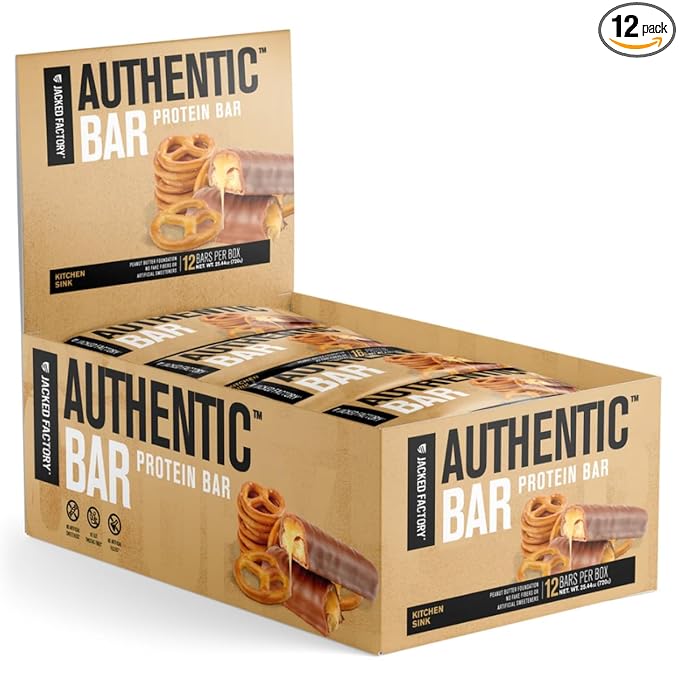 Jacked Factory Authentic Bar Kitchen Sink Protein Bars - Tasty Meal Replacement Energy Bars | 16g Whey Protein Isolate Natural Sugars from Pure Honey Healthy Fat Peanut Butter Foundation | 12 Pack