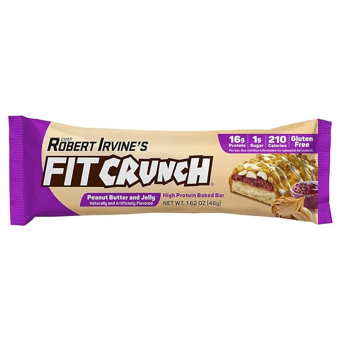 FITCRUNCH Snack Size Protein Bars 6-Layer Baked Bar 1g of Sugar Gluten Free &amp Soft Cake Core (18 Bars Peanut Butter and Jelly)